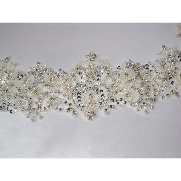 gray floor length bridesmaid dresses Crystal & Pearl Organza Sash - Rhinestone Bugle Beaded Belt